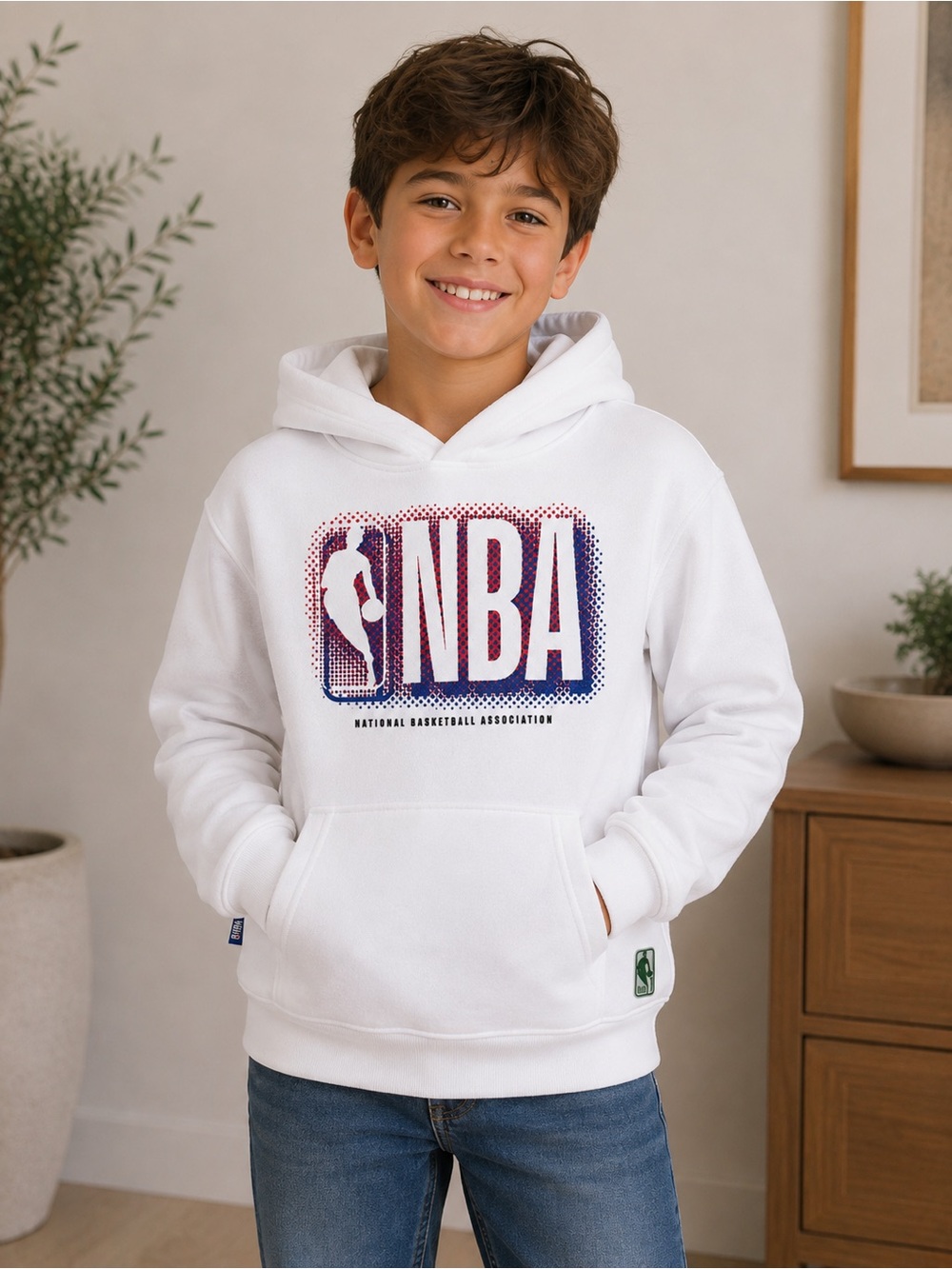 NBA White Hoodie with Gradient Blue-Red Logo